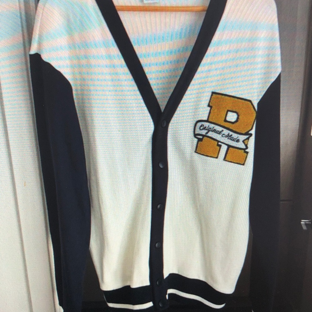 Men's White and Black Cardigan Sweater
